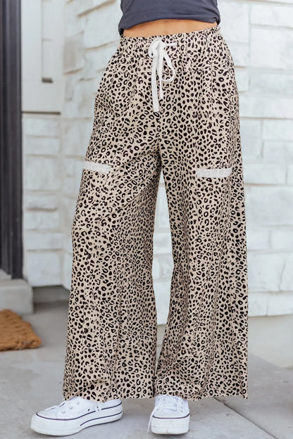 Khaki Animal Print Wide Leg Terry Knit Pants - Sweet Fashion Wholesale