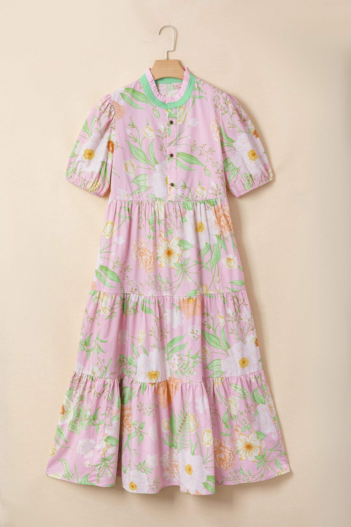 Pink Floral Print Short Puff Sleeve High Waist Tiered Maxi Dress