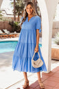 Yellow Gingham Textured Bow Tie Short Sleeve Tiered Midi Dress