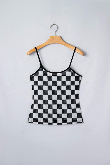Black Sheer Checkered Print Spaghetti Straps Slim Tank Top