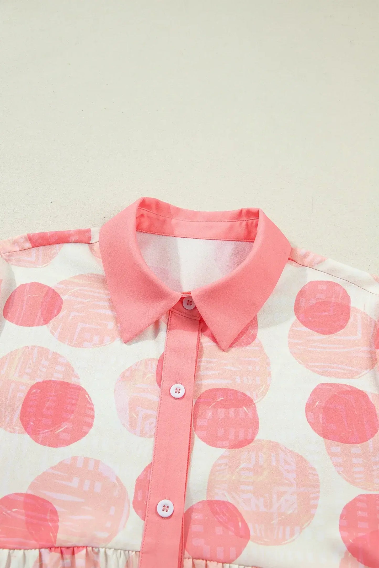 Pink Double Polka Dot Printed Ruffle Trim Short Sleeve Babydoll Shirt - Sweet Fashion Wholesale