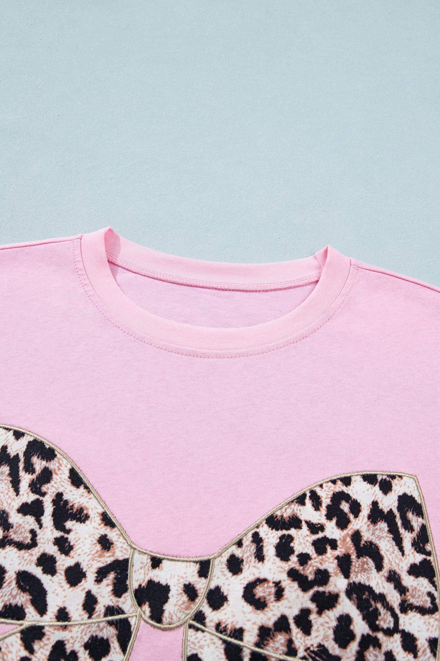 Black Leopard Bow Embroidered Cotton Round Neck T Shirt - Sweet Fashion Wholesale