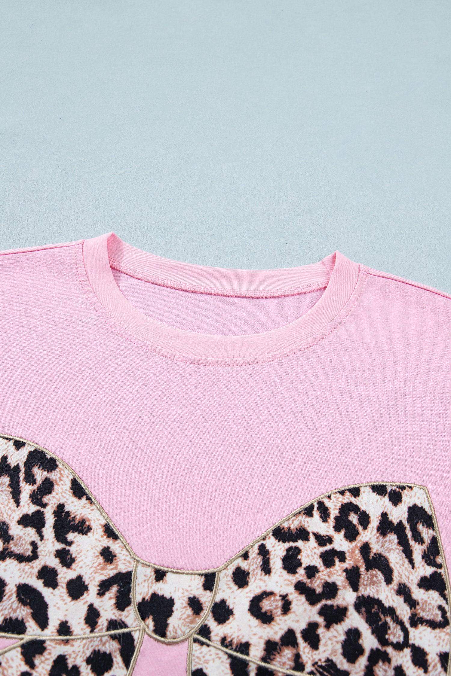 Black Leopard Bow Embroidered Cotton Round Neck T Shirt - Sweet Fashion Wholesale