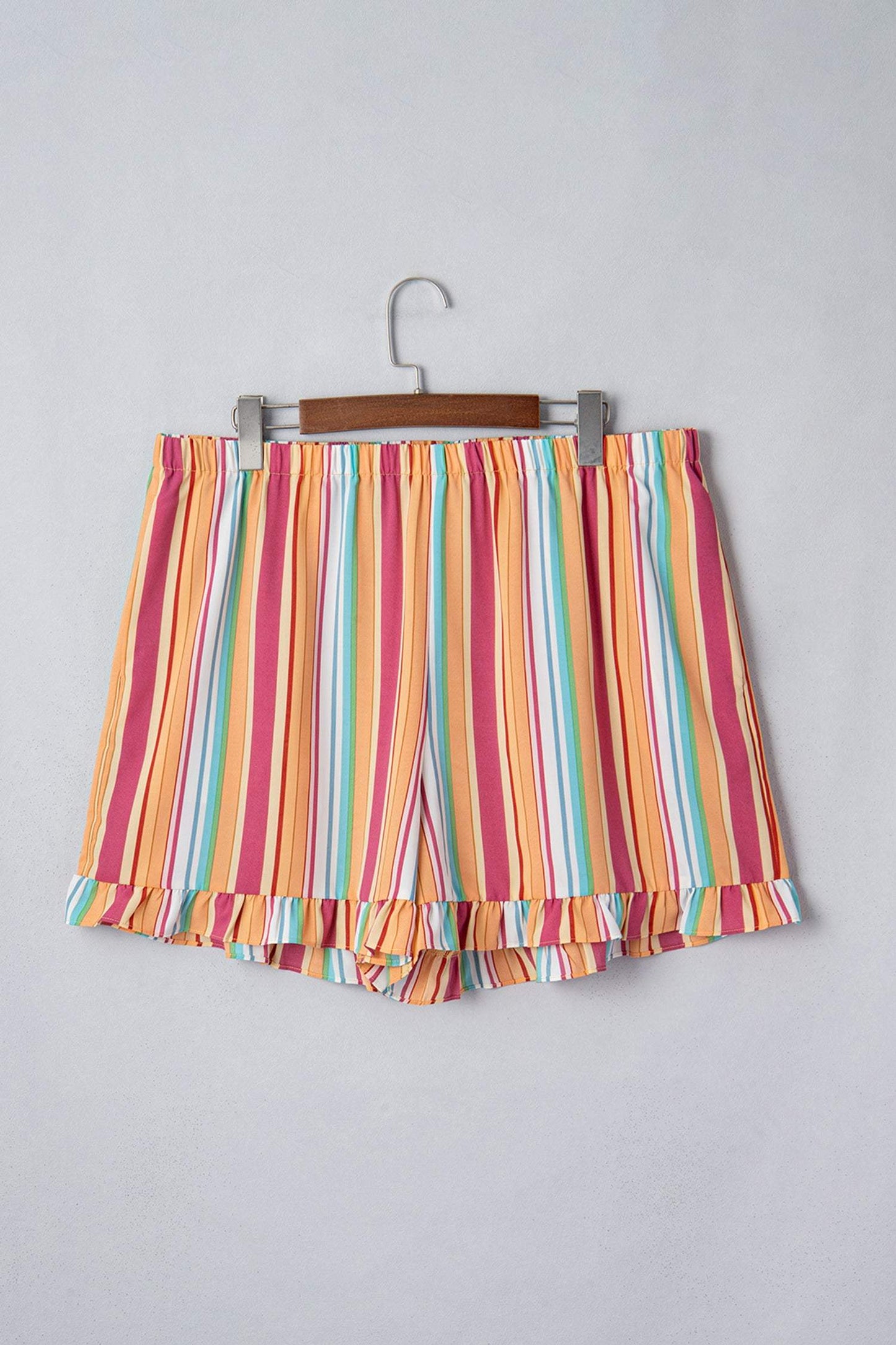 Orange Stripe Plus Size Elastic Waist Ruffle Hem Shorts