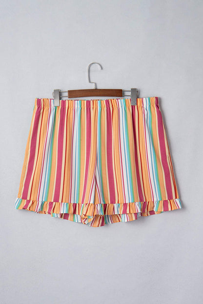 Orange Stripe Plus Size Elastic Waist Ruffle Hem Shorts