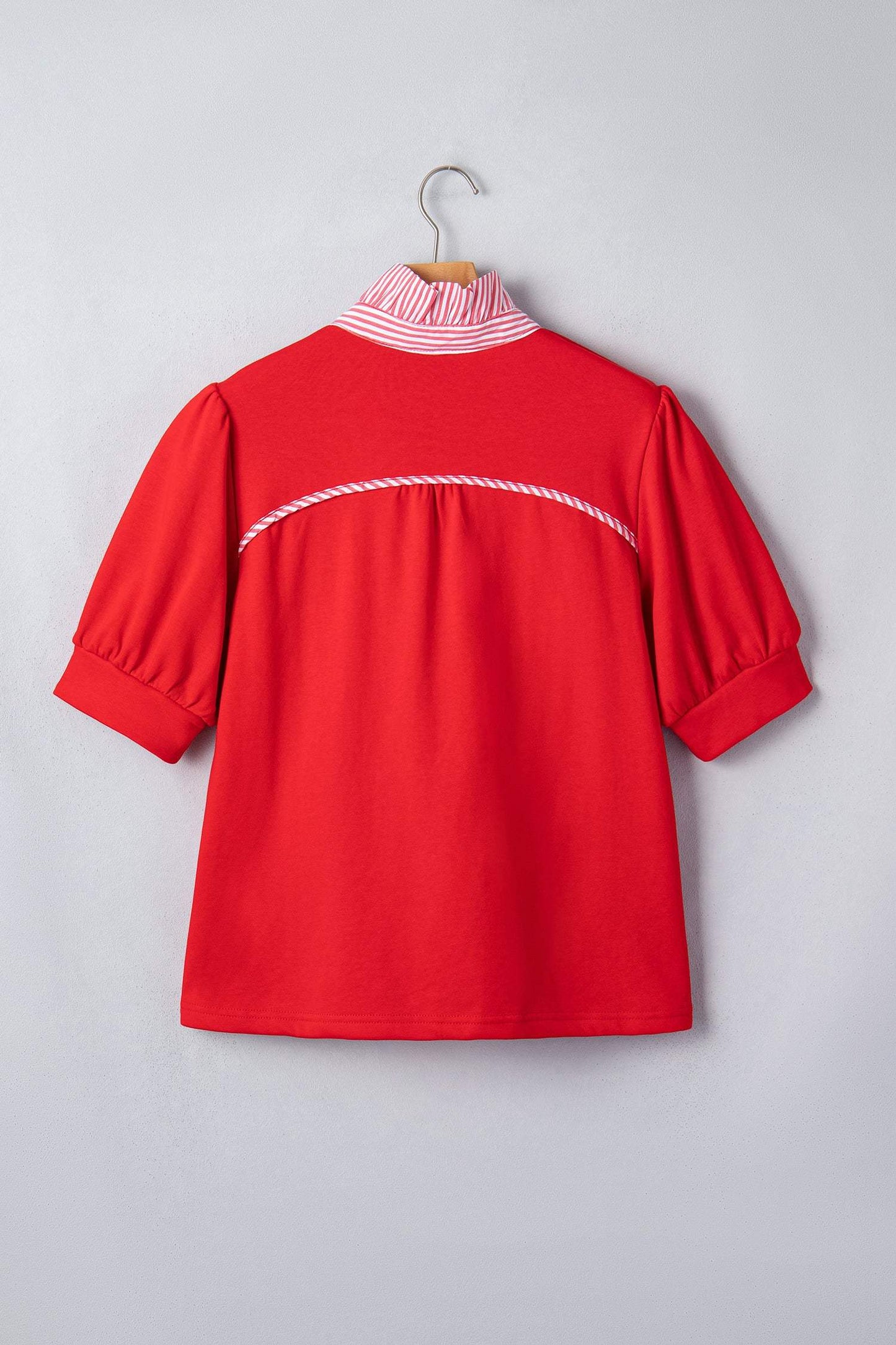 Sky Blue Striped Frilled Collar Short Sleeve Blouse
