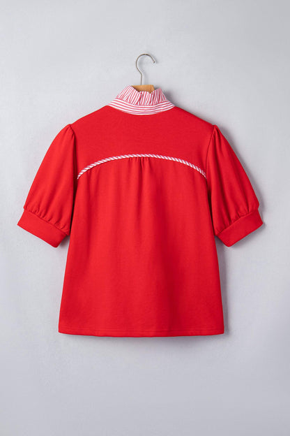 Sky Blue Striped Frilled Collar Short Sleeve Blouse