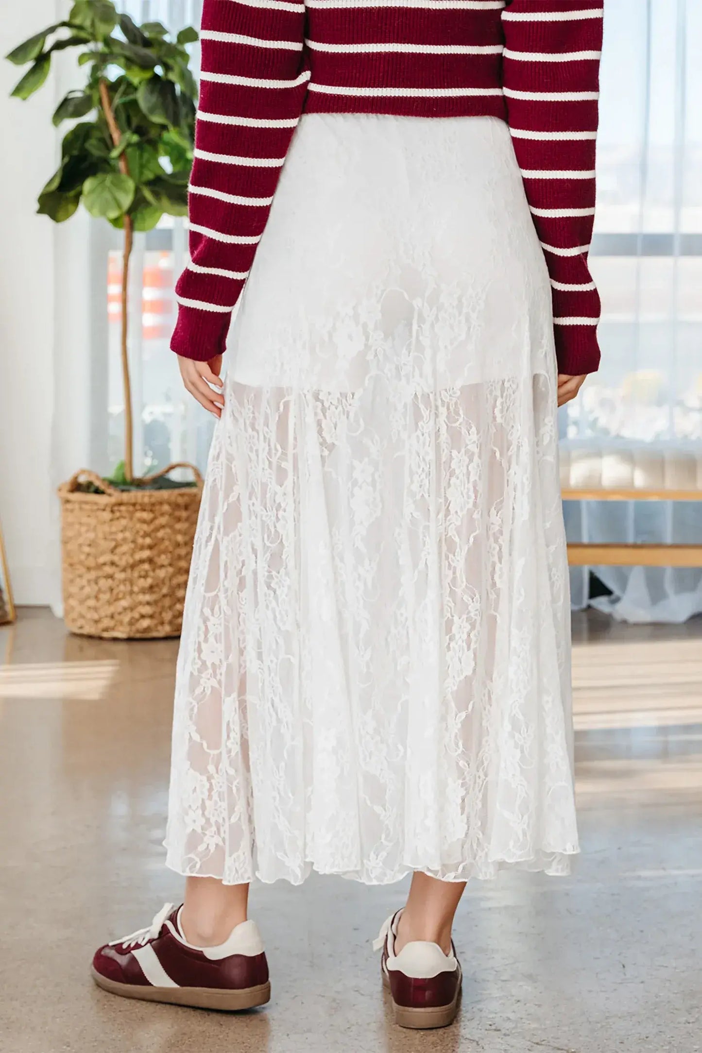 White Sheer Floral Lace Flowy Maxi Skirt - Sweet Fashion Wholesale