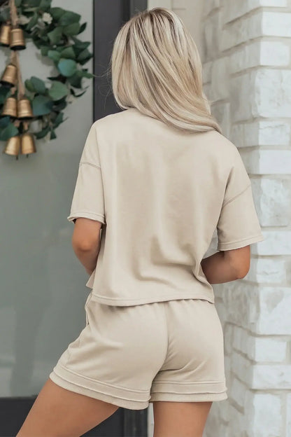 Jet Stream Solid Color Contrast Textured Patchwork Raw Edge 2pcs Short Set - Sweet Fashion Wholesale