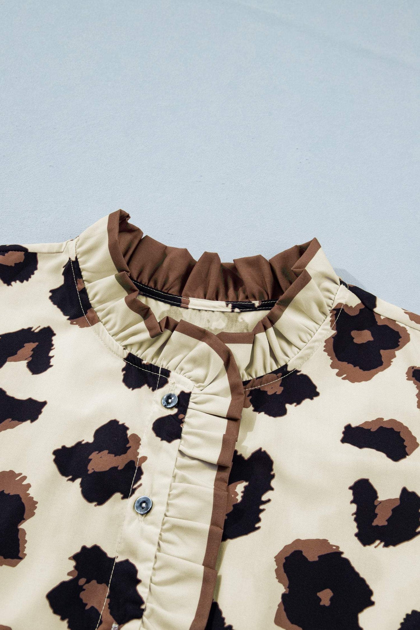 Khaki Plus Size Leopard Print Frilled Color Block Trim Button Down Short Sleeve Blouse
