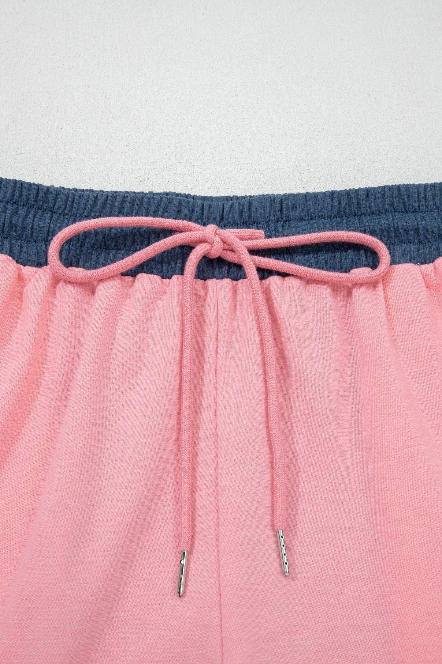 Pink Color Block Patchwork Varsity Striped Detail Drawstring Elastic Waist Shorts - Sweet Fashion Wholesale