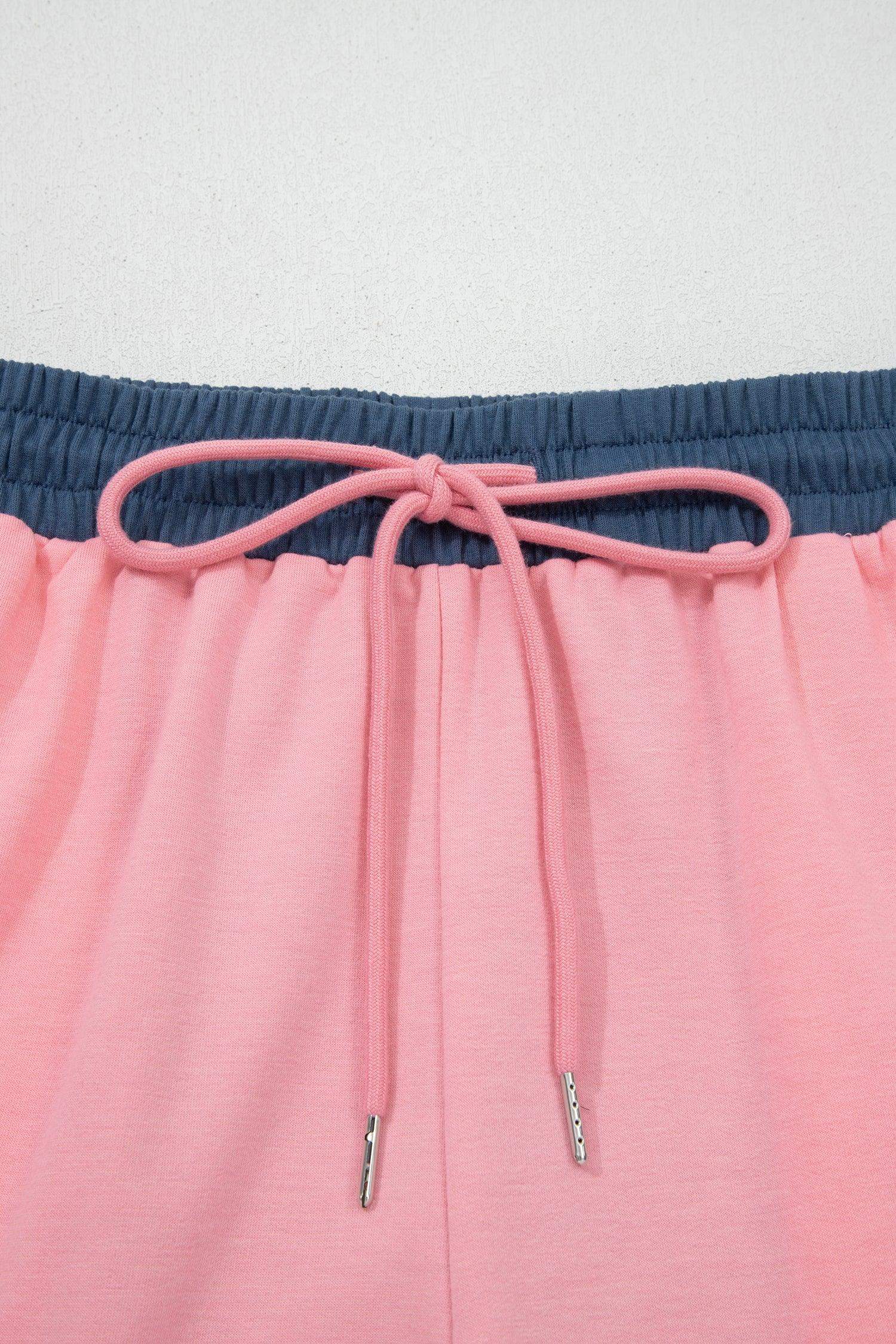 Pink Color Block Patchwork Varsity Striped Detail Drawstring Elastic Waist Shorts - Sweet Fashion Wholesale
