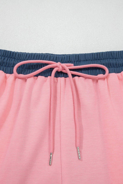 Pink Color Block Patchwork Varsity Striped Detail Drawstring Elastic Waist Shorts - Sweet Fashion Wholesale