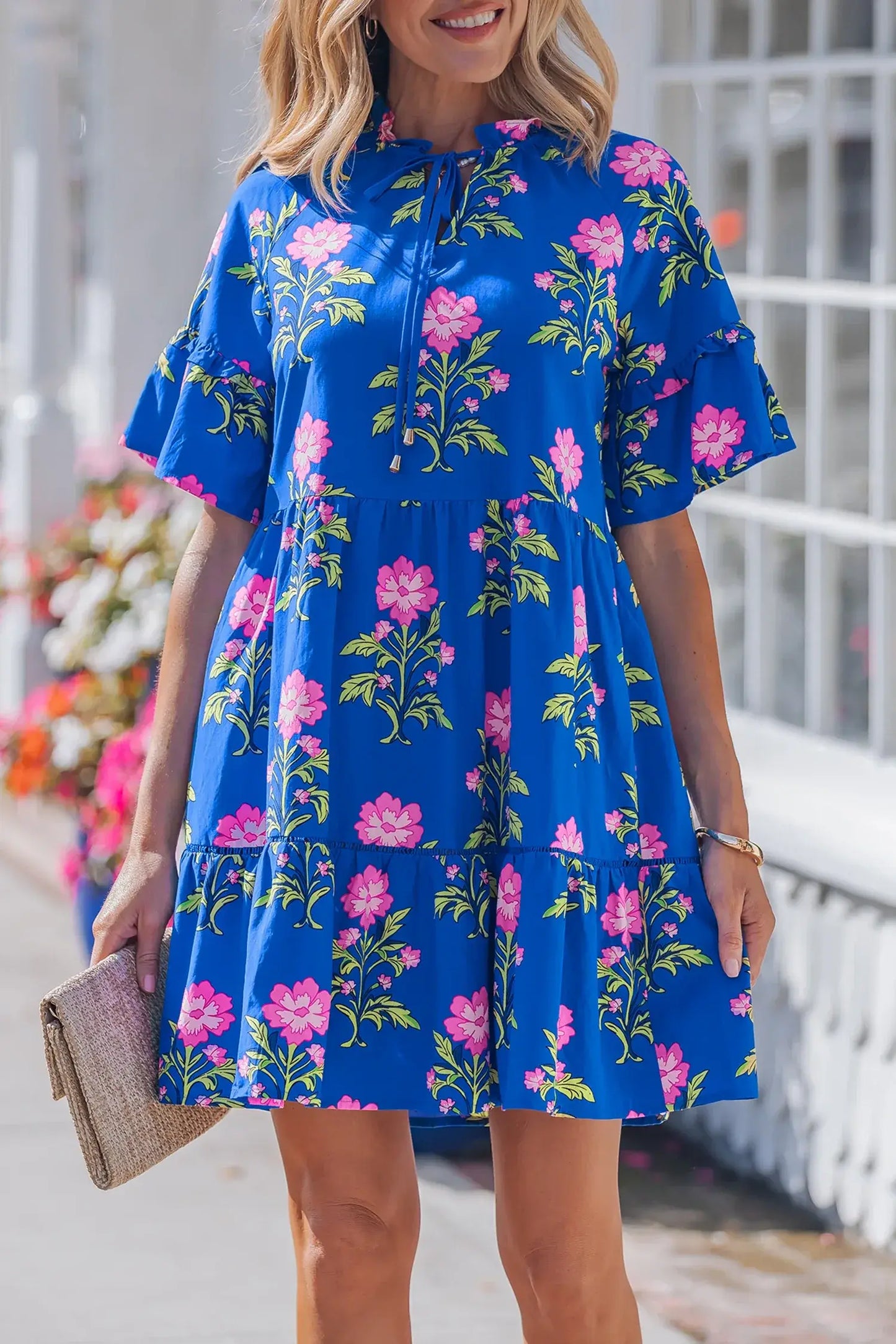 Blue V Neck Short Sleeve Loose Flower Dress - Sweet Fashion Wholesale