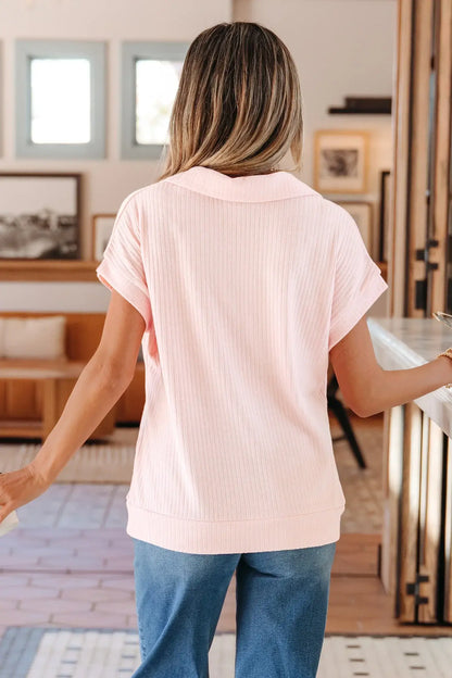 Light Pink Collared V Neck Ribbed Tee - Sweet Fashion Wholesale