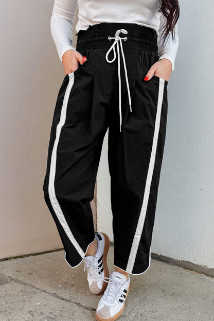 Bright Green Contrast Striped Smocked Waist Drawstring Cropped Casual Pants