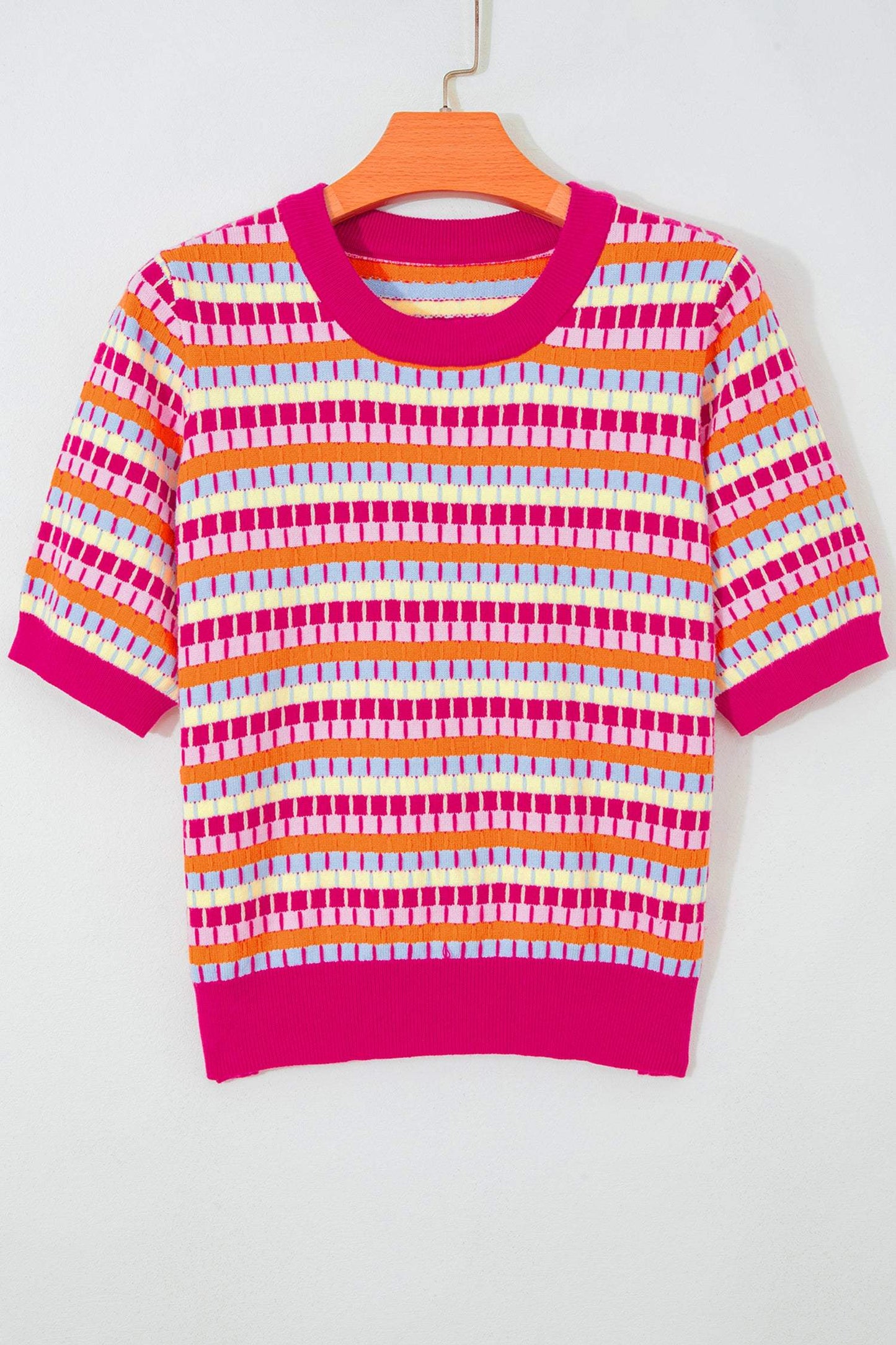 Orange Abstract Striped Knit Short Sleeve Sweater