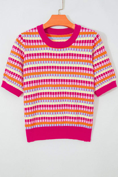 Orange Abstract Striped Knit Short Sleeve Sweater