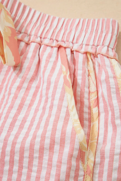 Light Pink Floral Trim Ribbon Knot Striped Casual Shorts - Sweet Fashion Wholesale