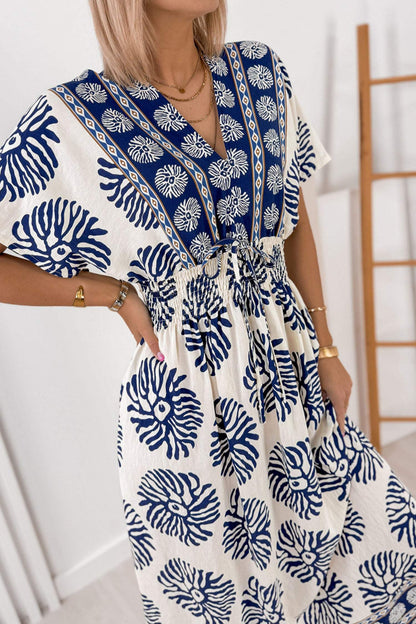 Blue Boho Floral Print Contrast Patchwork V Neck Dolman Maxi Dress