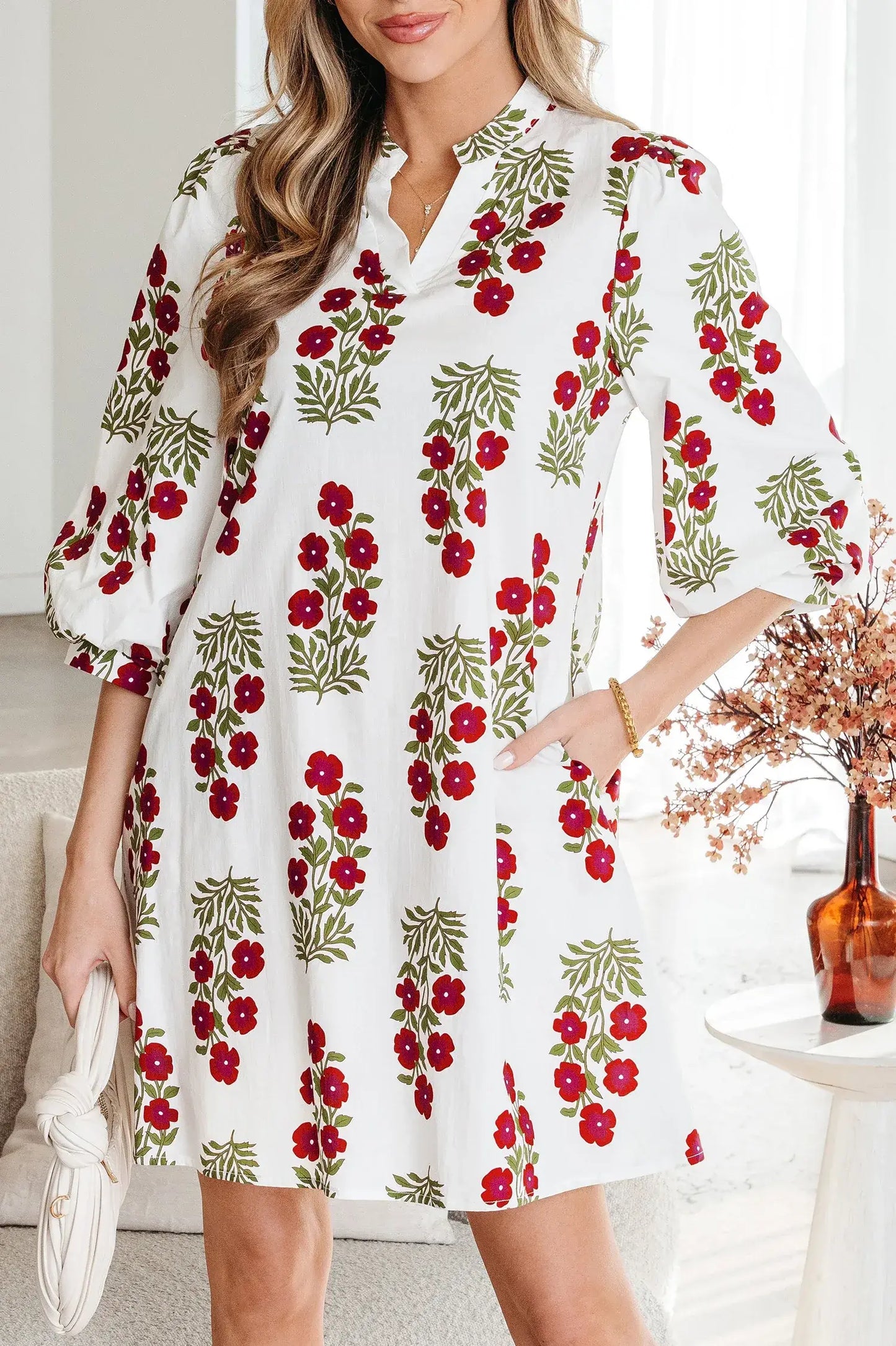White Floral Print V Neck 3/4 Sleeve Loose Mini Dress - Sweet Fashion Wholesale