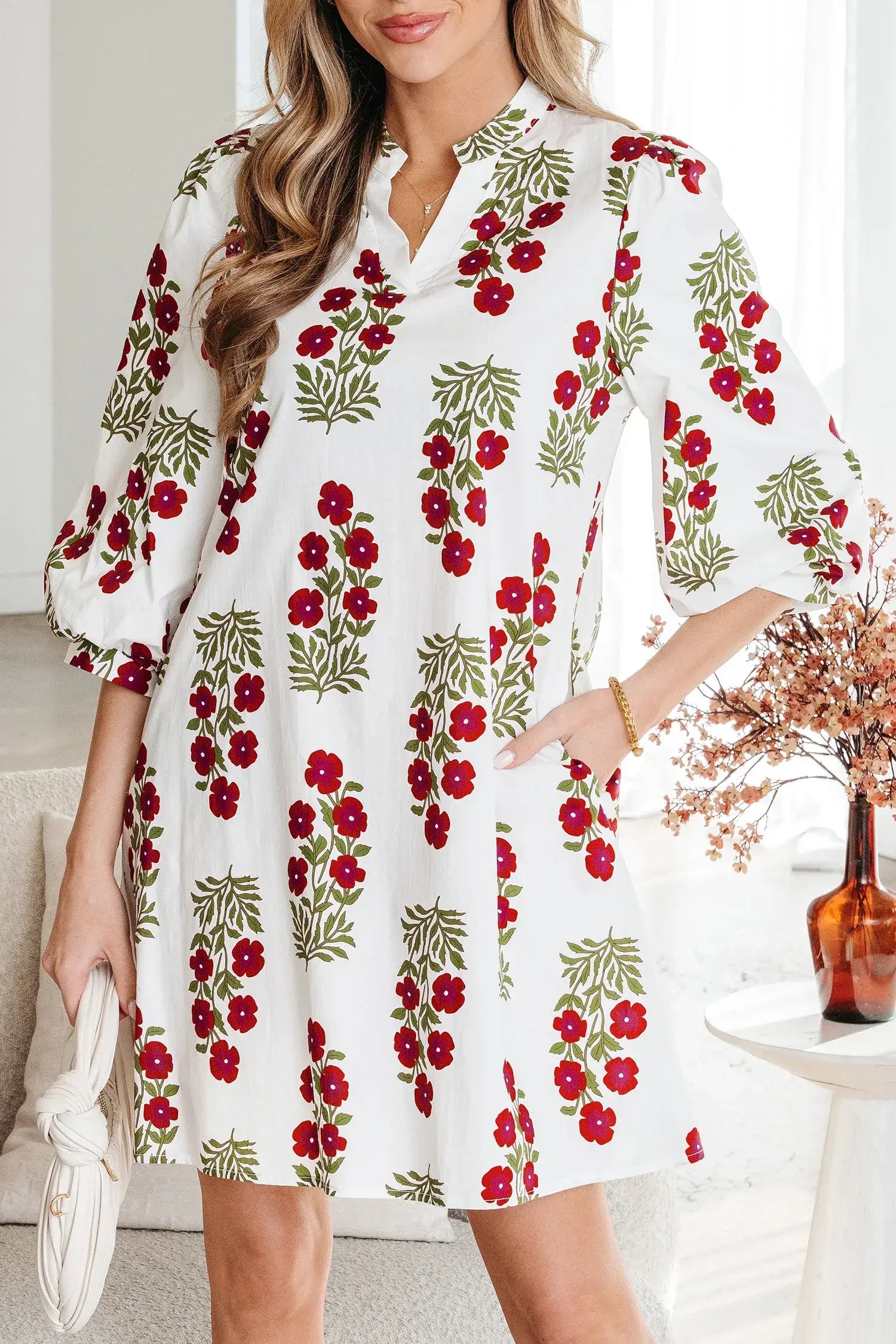 White Floral Print V Neck 3/4 Sleeve Loose Mini Dress - Sweet Fashion Wholesale