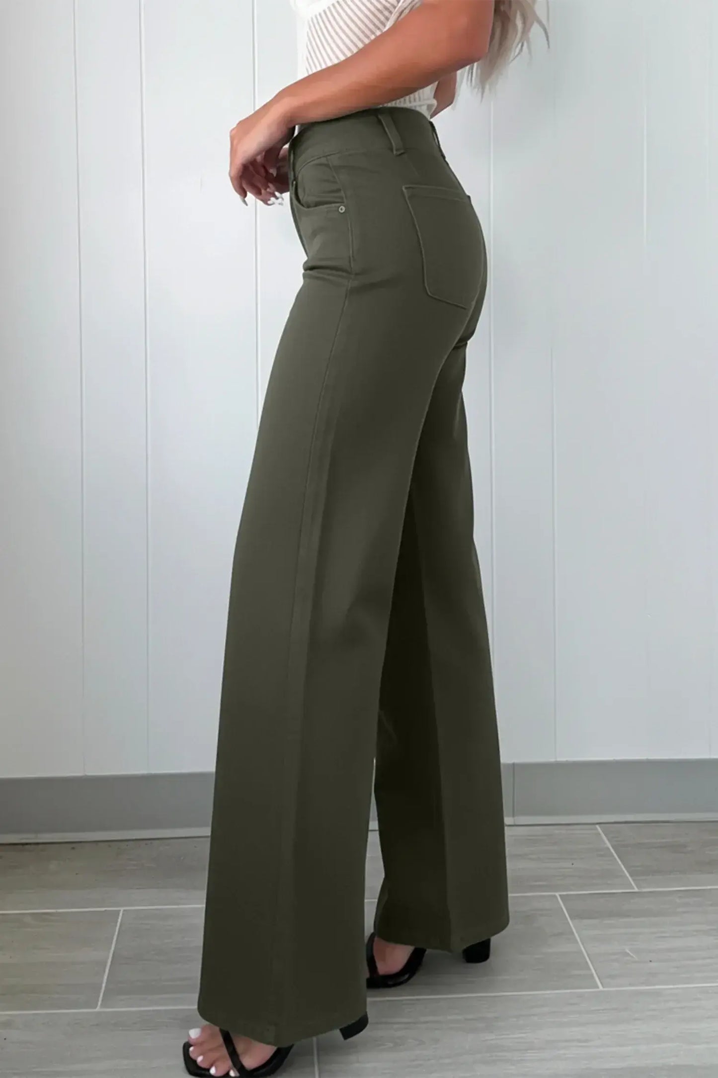 Mist Green 2-Button High Waist Wide Leg Jeans - Sweet Fashion Wholesale