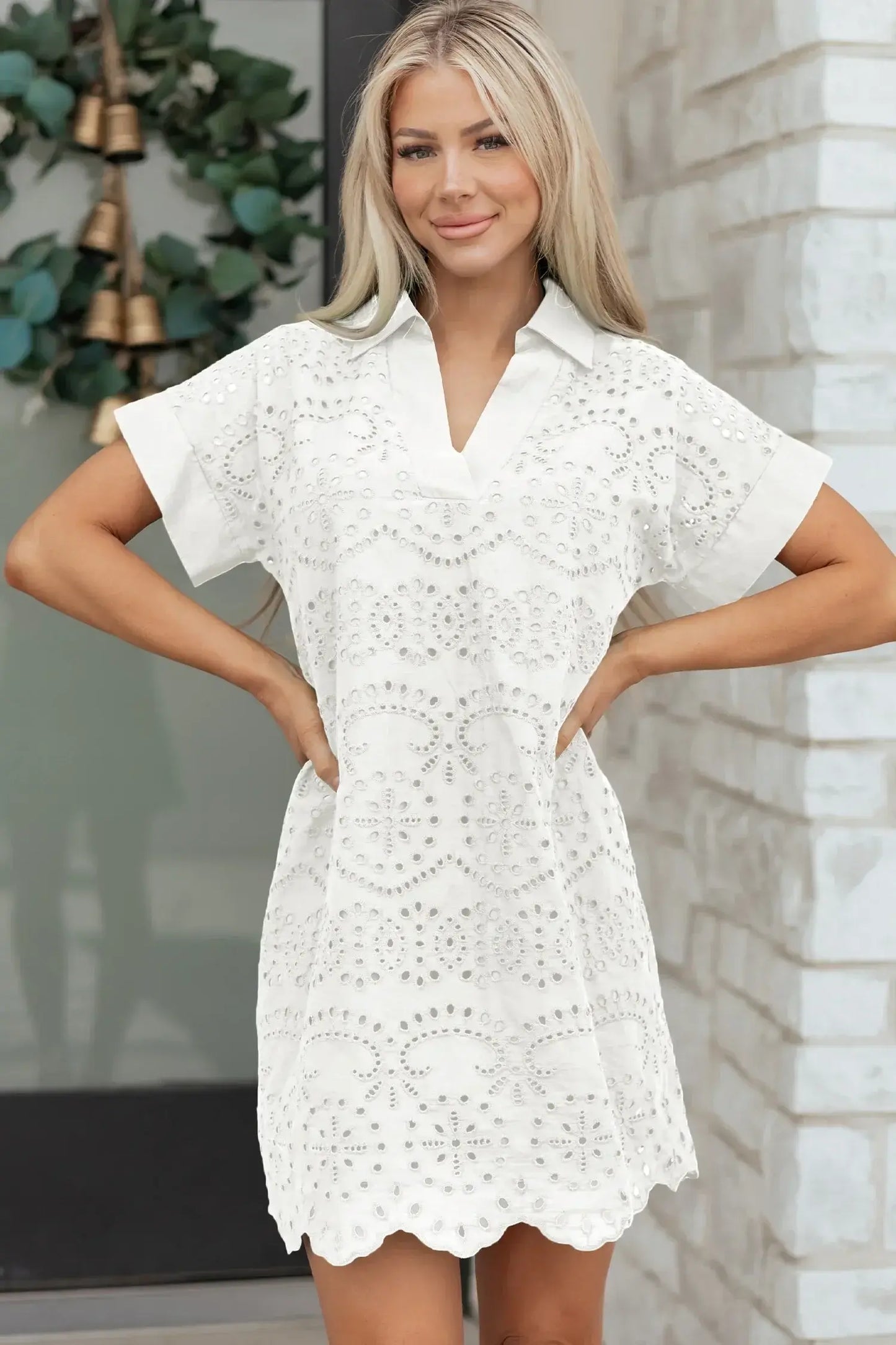 White Solid Color Eyelet Embroidered T Shirt Mini Dress - Sweet Fashion Wholesale