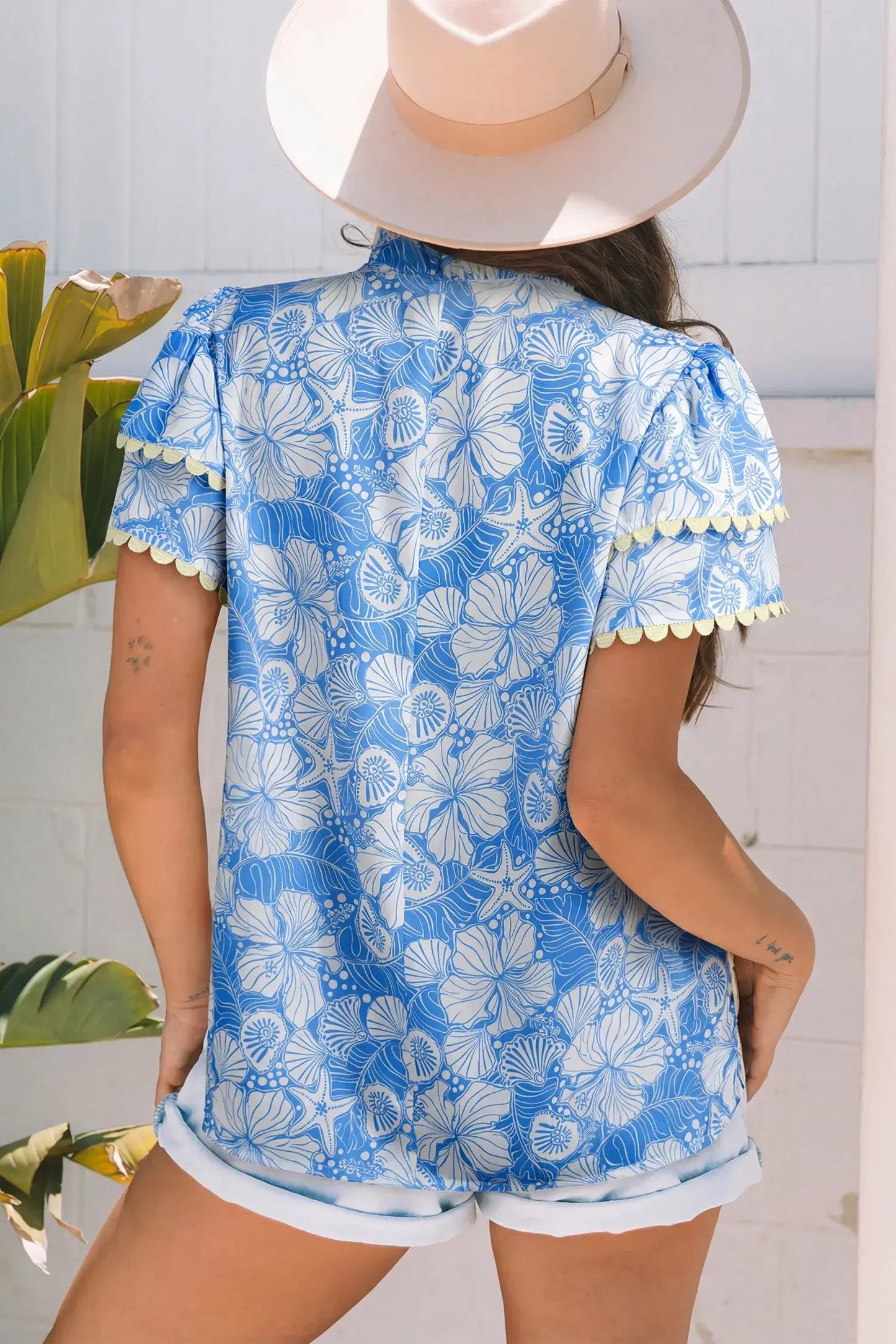 Sky Blue Oceanic Floral Print Scalloped Trim V Neck Short Sleeve Blouse - Sweet Fashion Wholesale