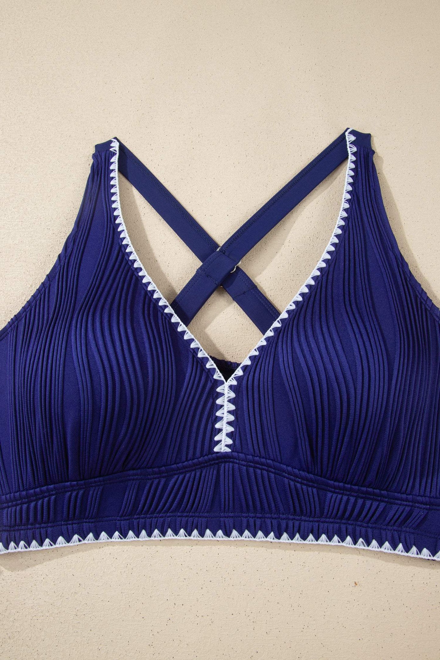 Dark Blue Shell Stitched Trim V Neck Textured Mix and Match High Waist Bikinis