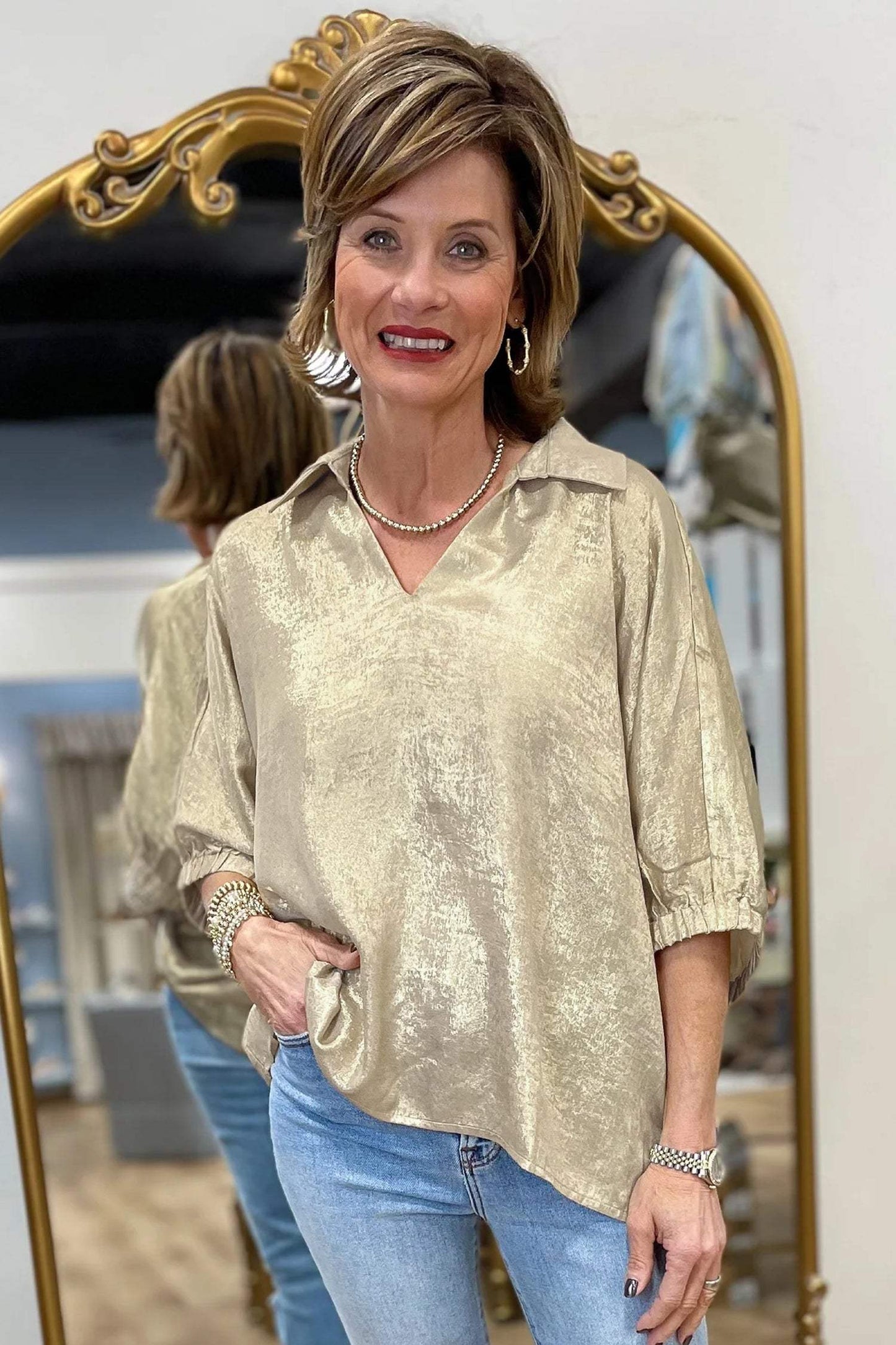 Clearly Aqua Collared V Neck Half Sleeve Metallic Top