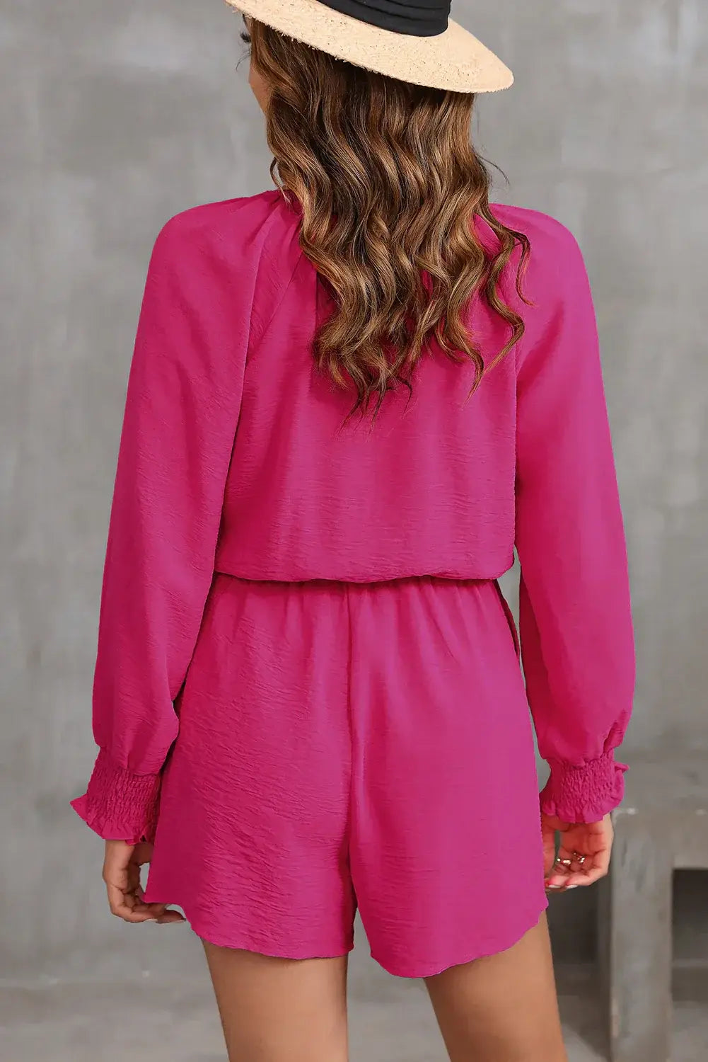 Rose Tie Knot V Neck Puff Long Sleeve Romper - Sweet Fashion Wholesale