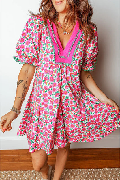 Pink Floral Print V Neck Patchwork Short Bubble Sleeve Mini Dress - Sweet Fashion Wholesale
