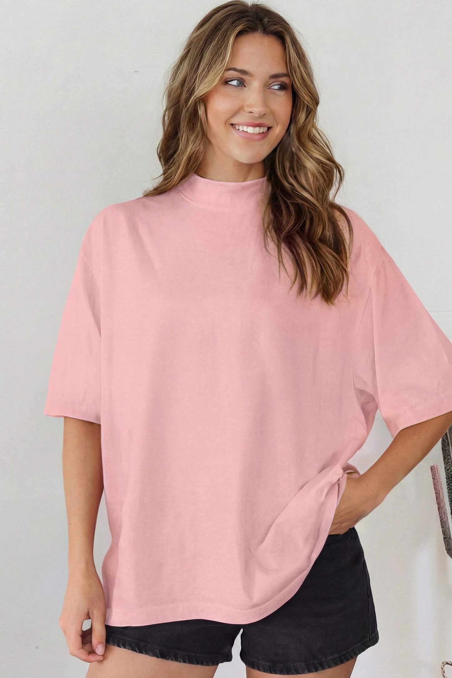 Dark Blue Solid Color High Neck Oversize Tee