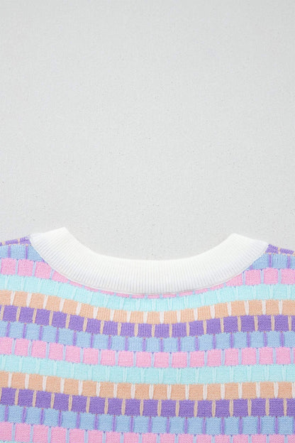 Orange Abstract Striped Knit Short Sleeve Sweater