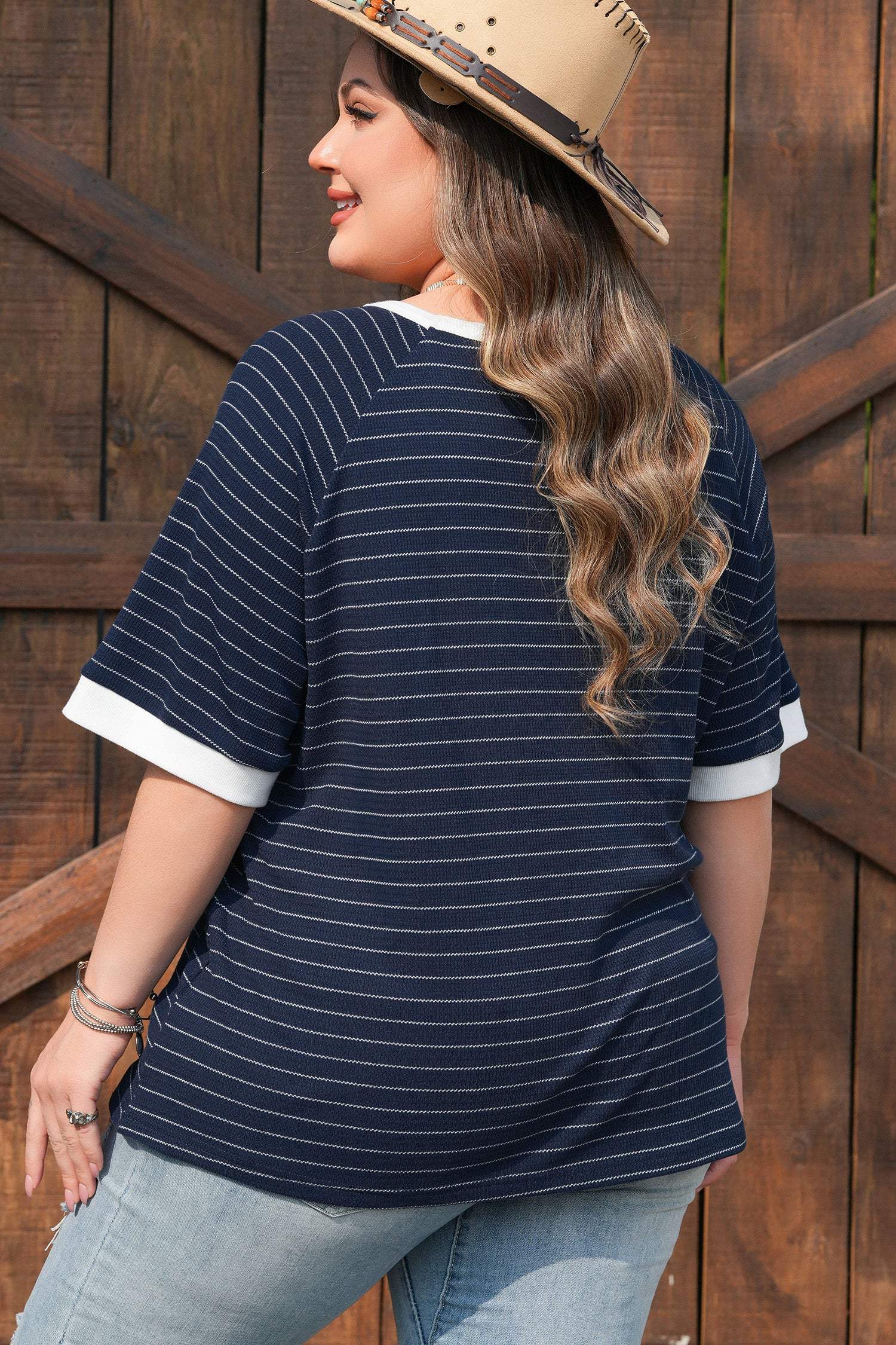 Blue Stripe Contrast Trim Plus Size Ribbed T Shirt - Sweet Fashion Wholesale