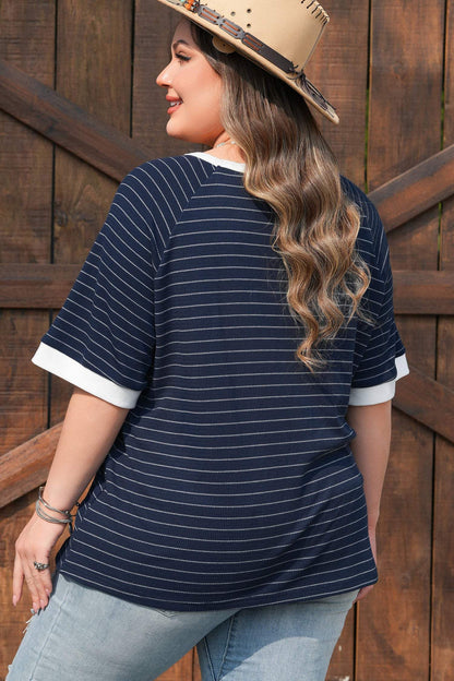 Blue Stripe Contrast Trim Plus Size Ribbed T Shirt - Sweet Fashion Wholesale