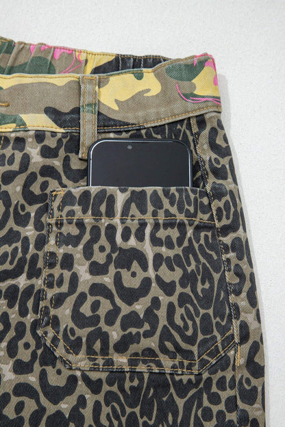 Multicolour Abstract Camouflage Print Contrast Leopard Patchwork Straight Leg Jeans - Sweet Fashion Wholesale