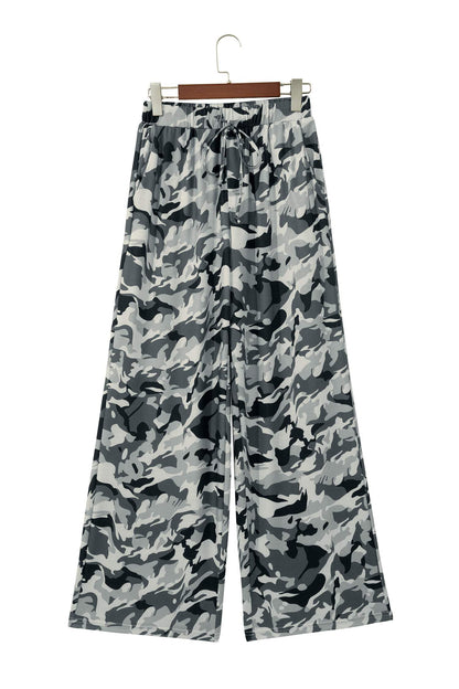 Green Camouflage Print Drawstring Casual Pants