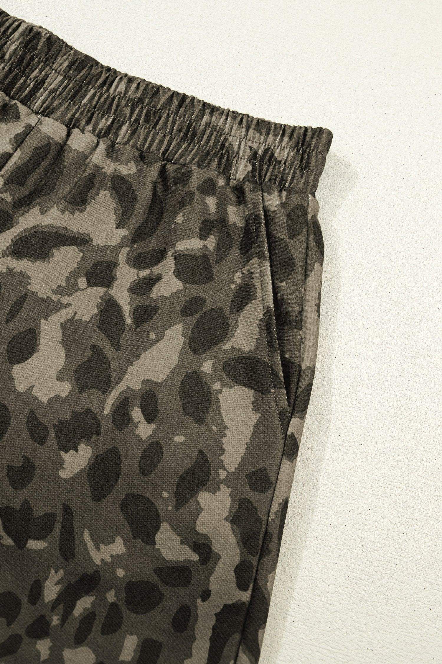 Brown Leopard Print Crew Neck Short Set - Sweet Fashion Wholesale