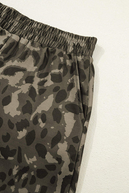 Brown Leopard Print Crew Neck Short Set - Sweet Fashion Wholesale